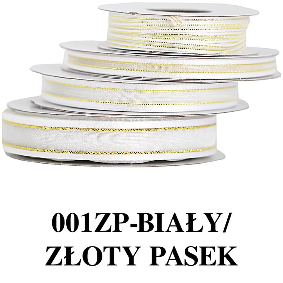 Wstążka szyfon z lamówką GOLD, 6mm/22mb biała