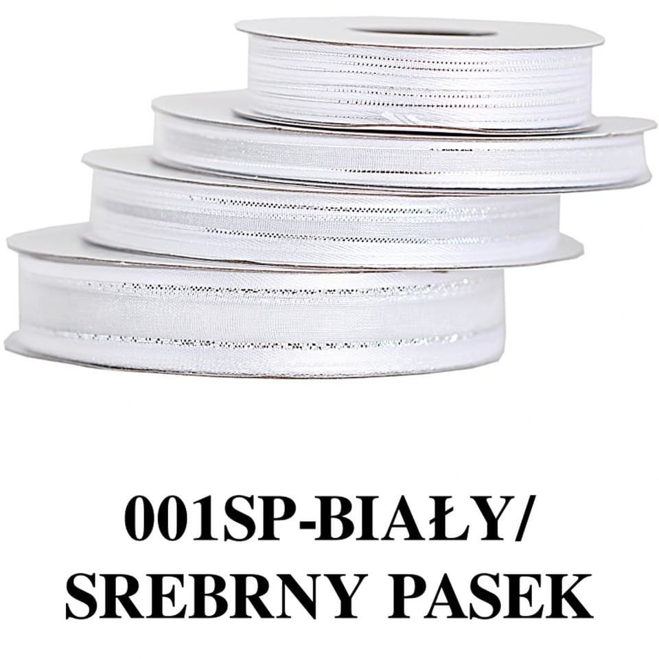Wstążka szyfon z lamówką SILVER, 9mm/22mb, biała