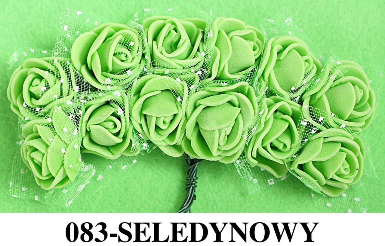Piankowe kwiaty+tiul, śr.2,5cm/12szt, seledynowe