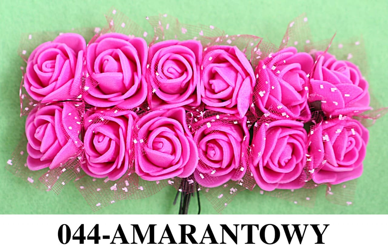 Piankowe kwiaty+tiul, śr.2,5cm/12szt, amarantowe