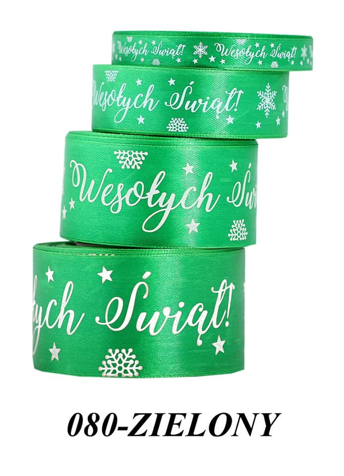 Wstążka satyna Wesołych Świąt 25mm/22mb, zielona