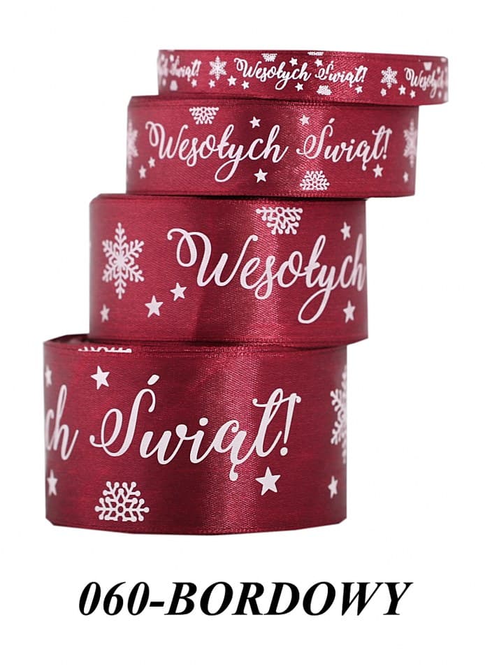 Wstążka satyna Wesołych Świąt 38mm/22mb, bordowa 
