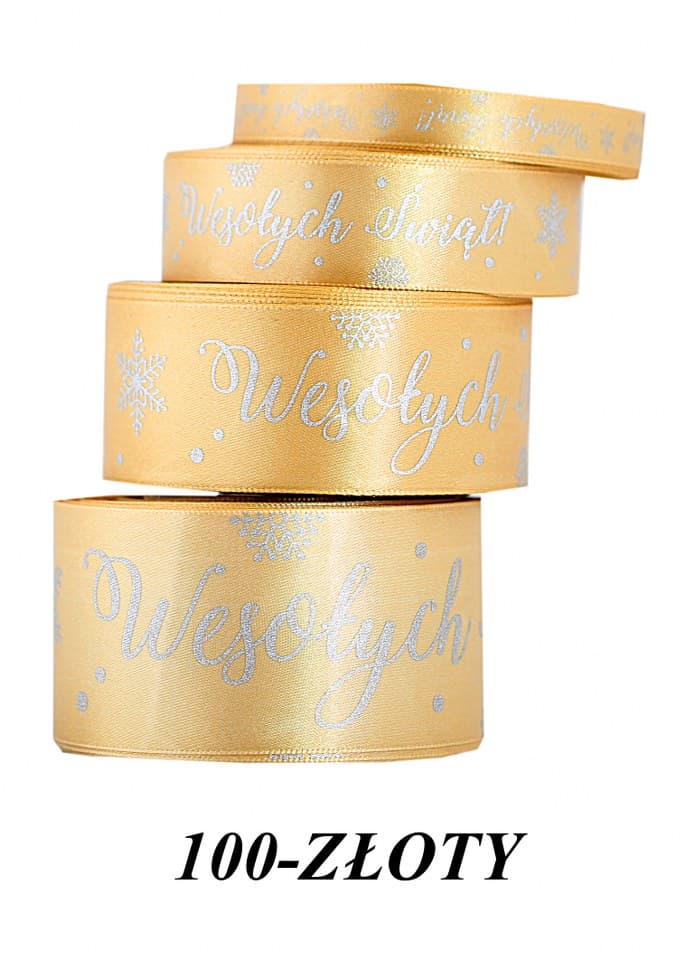 Wstążka Wesołych Świąt metal 25mm/22mb, złota