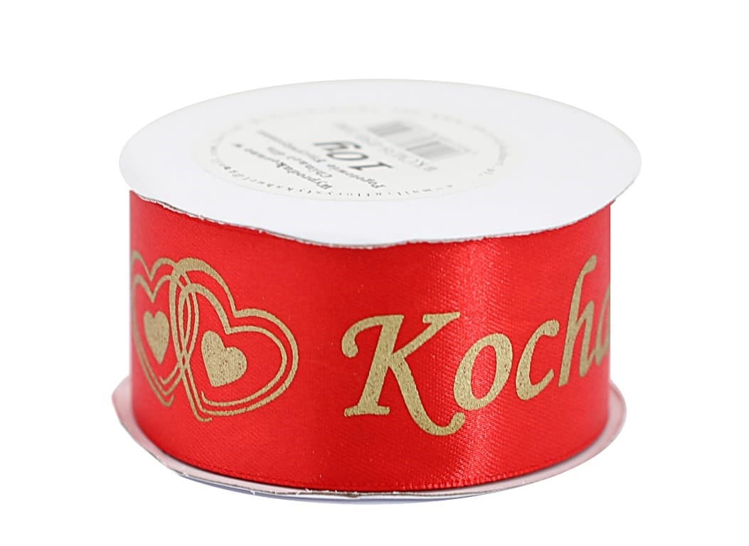 Wstążka Kocham Cię metal, 50mm/9mb czerwona/złoto