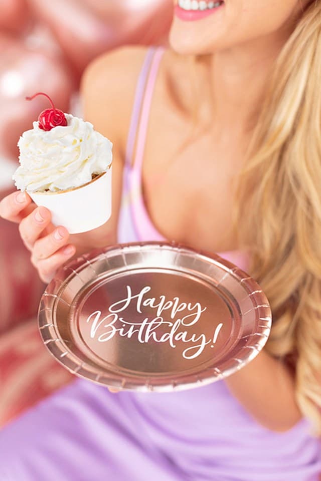 Talerzyki Happy Birthday!, różowe złoto, 18cm 6szt
