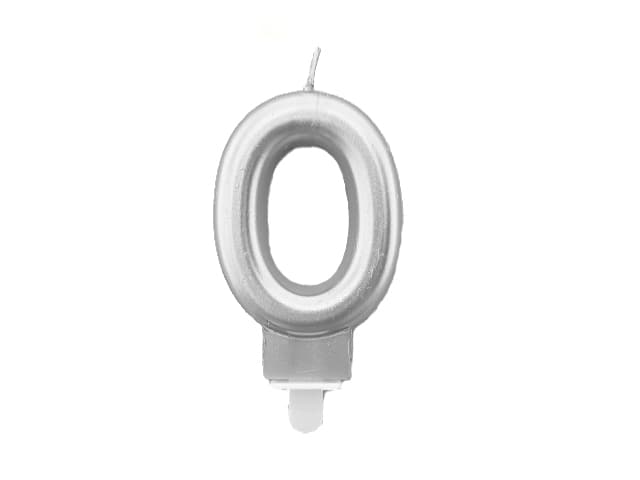 Świeca metaliczna srebro na urodziny, 8cm, cyfra 0