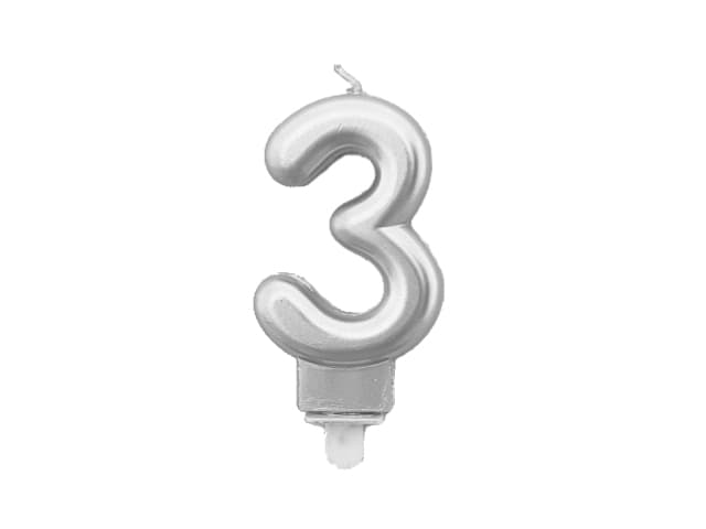 Świeca metaliczna srebro na urodziny, 8cm, cyfra 3
