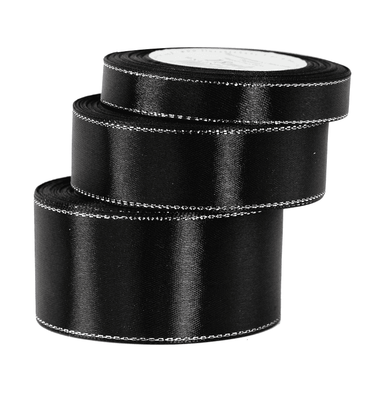 Wstążka satynowa srebrne pasy 6mm/18mb, czarna