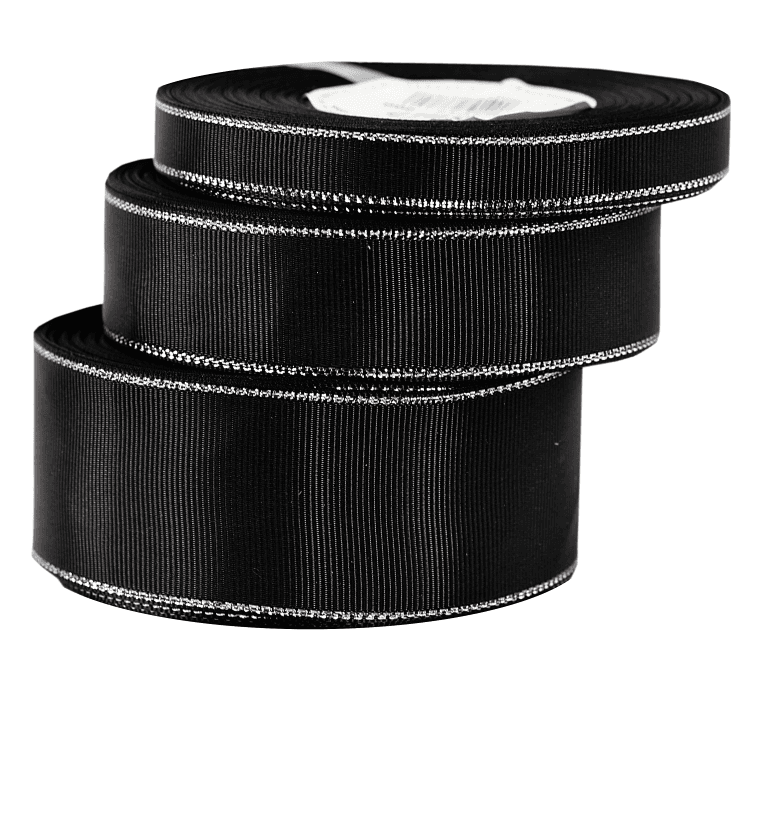 Wstążka rypsowa w srebrne pasy 12mm/18mb, czarna