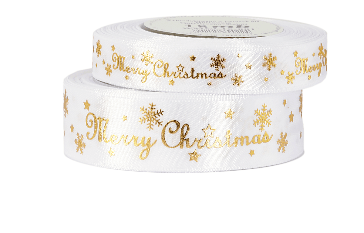 Wstążka metal Merry Christmas, 25mm/18mb, biała