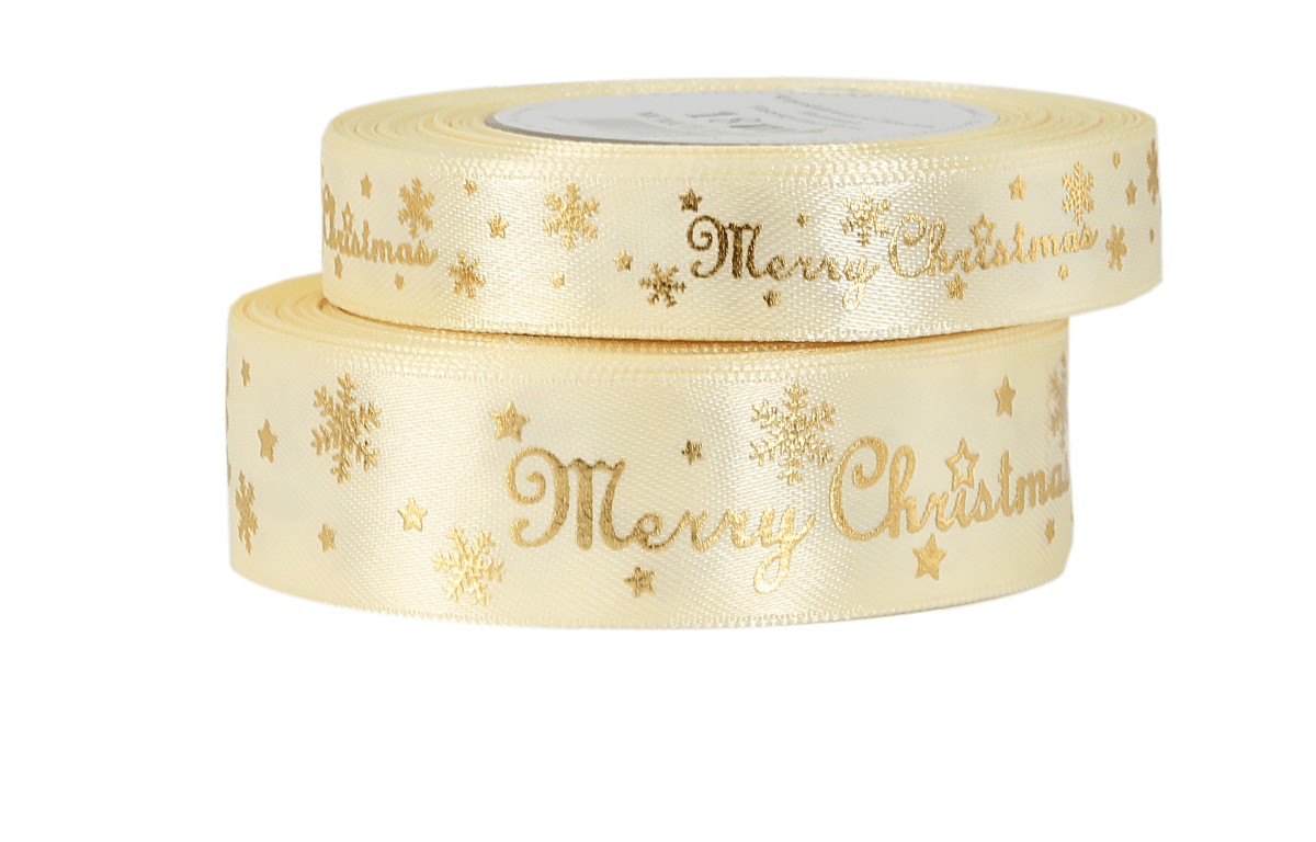 Wstążka metal Merry Christmas 15mm/18mb, kremowa