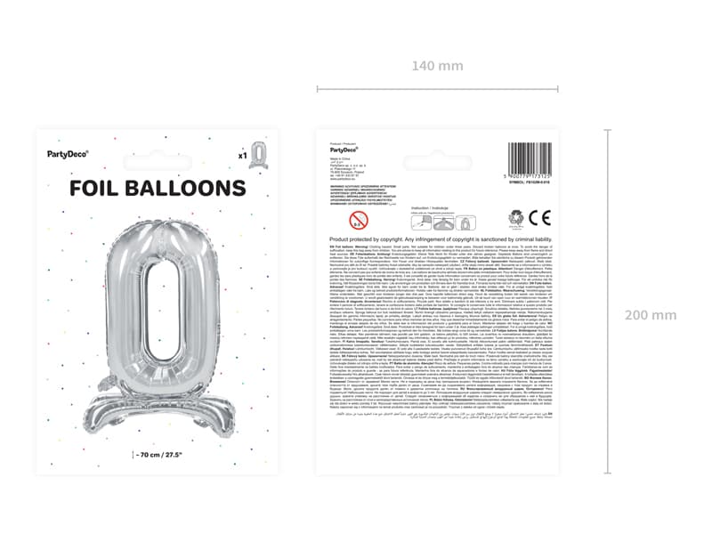 Stojący balon foliowy Cyfra"0" srebny, 70cm/1op