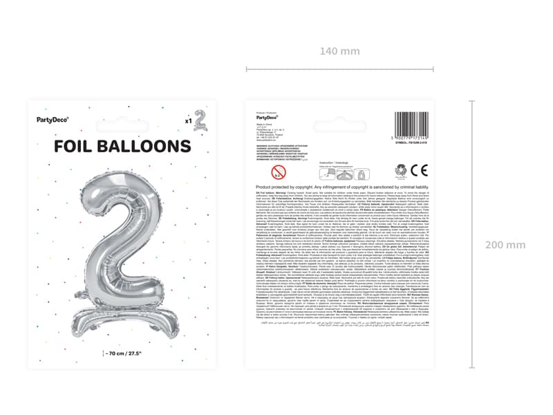Stojący balon foliowy Cyfra"2" srebny, 70cm/1op