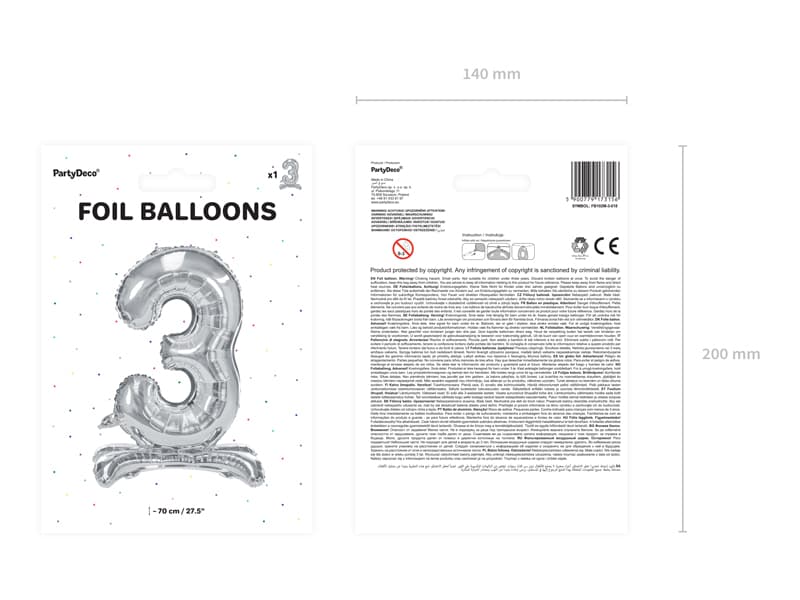 Stojący balon foliowy Cyfra"3" srebny, 70cm/1op