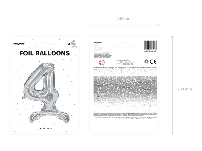 Stojący balon foliowy Cyfra"4" srebny, 70cm/1op