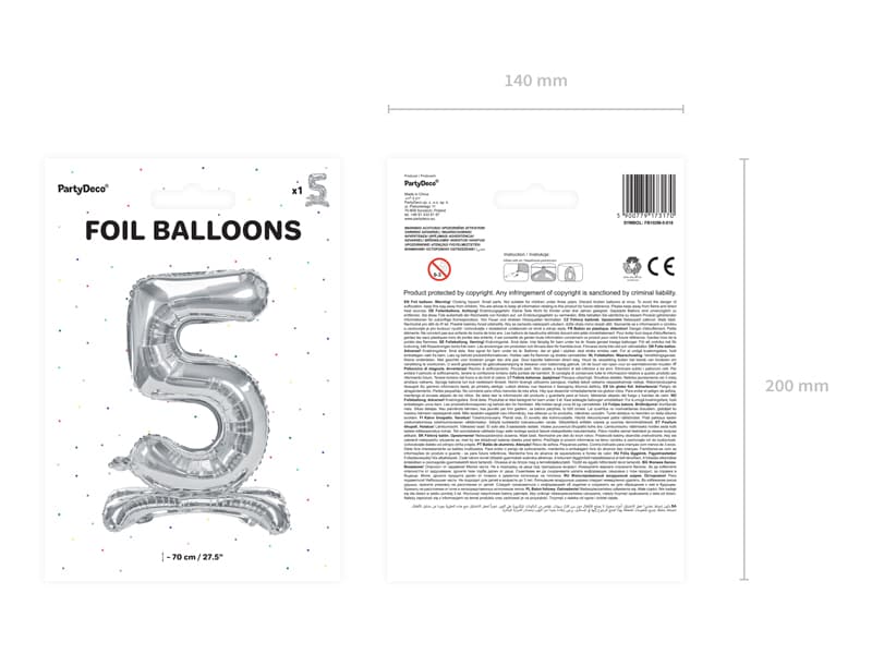 Stojący balon foliowy Cyfra"5" srebny, 70cm/1op