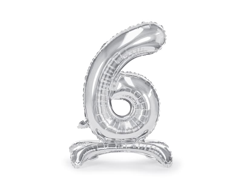 Stojący balon foliowy Cyfra"6" srebny, 70cm/1op