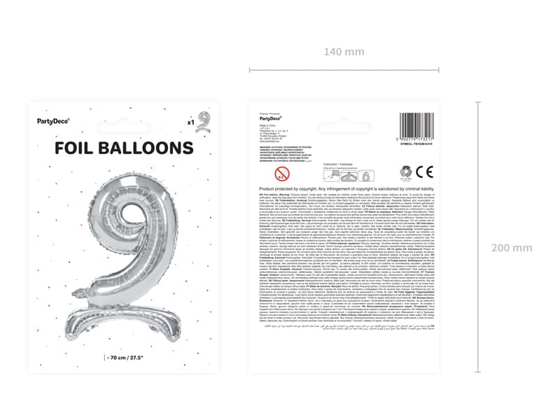 Stojący balon foliowy Cyfra"9" srebny, 70cm/1op