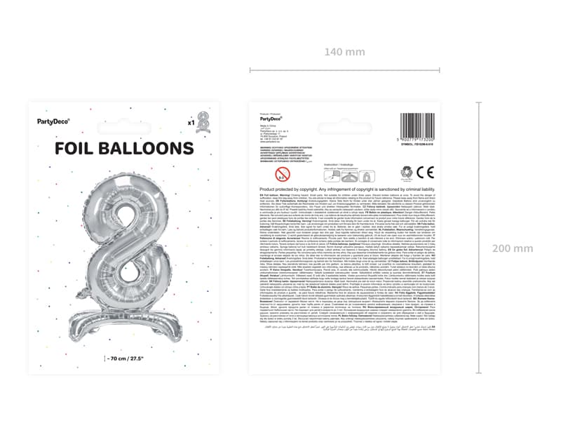 Stojący balon foliowy Cyfra"8" srebny, 70cm/1op