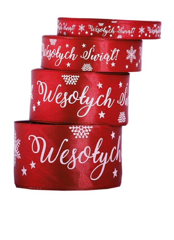 Wstążka satyna Wesołych Świąt 25mm/22mb c.czerwona