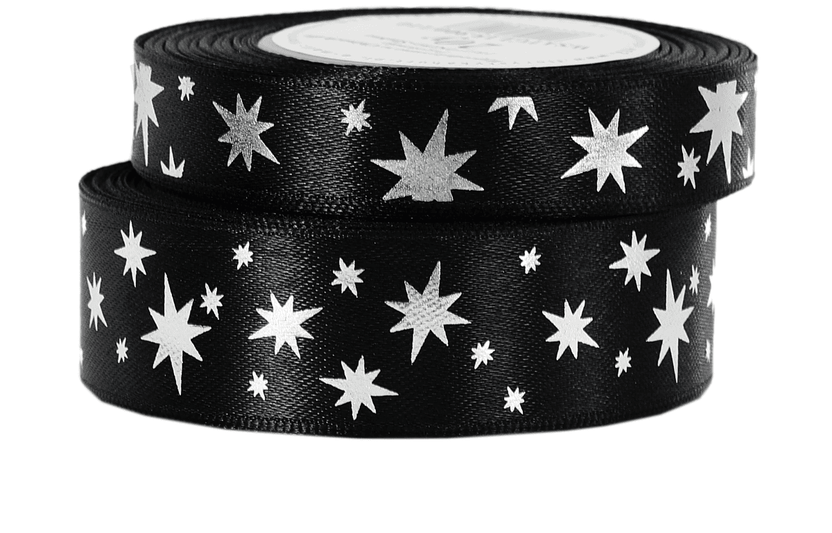 Wstążka gwiazdy metalik, 25mm/18mb, czarna/srebro