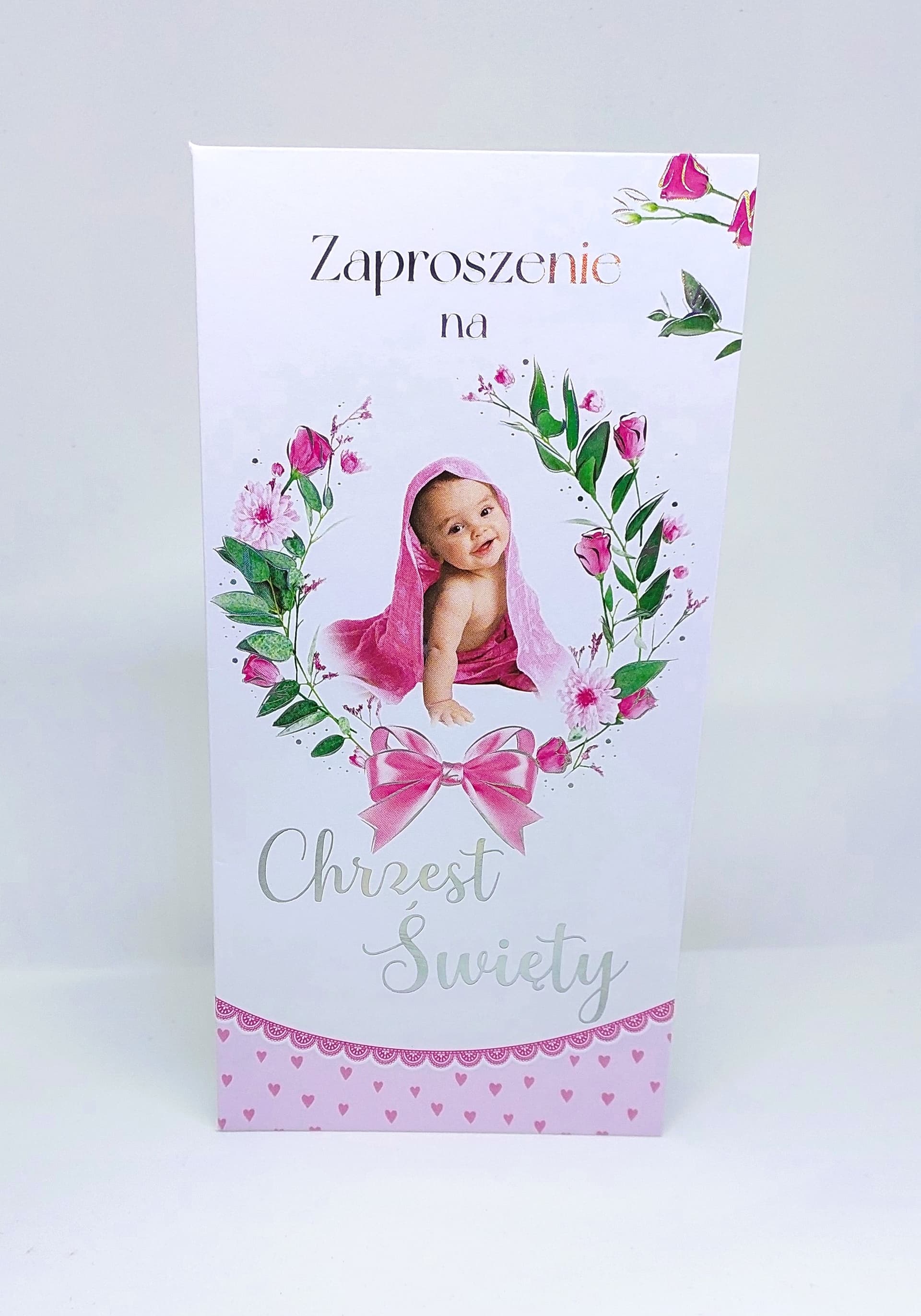 Zaproszenie dziecko, Chrzest Św. różowe 1 szt.