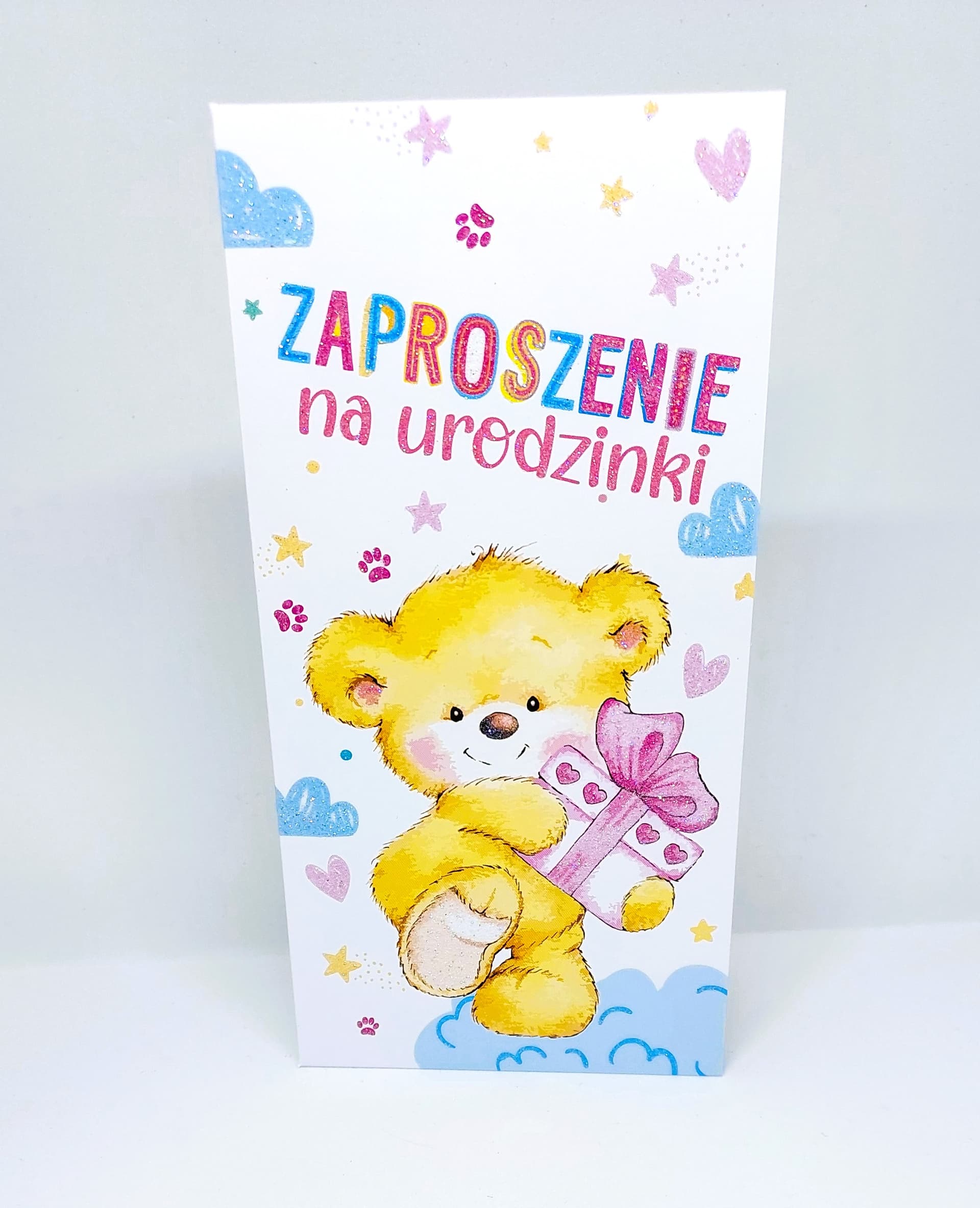 Zaproszenie miś z brokatem na URODZINY, 1 szt.