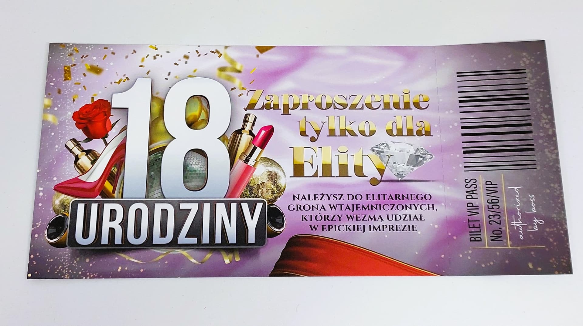 Zaproszenie różowy BILET na 18 URODZINY, 1 szt.