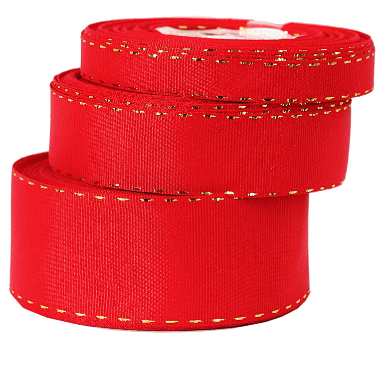 Wstążka rypsowa w złote prążki, 12mm/18mb czerwona