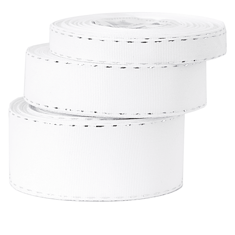 Wstążka rypsowa w srebrne prążki, 38mm/18mb, biała