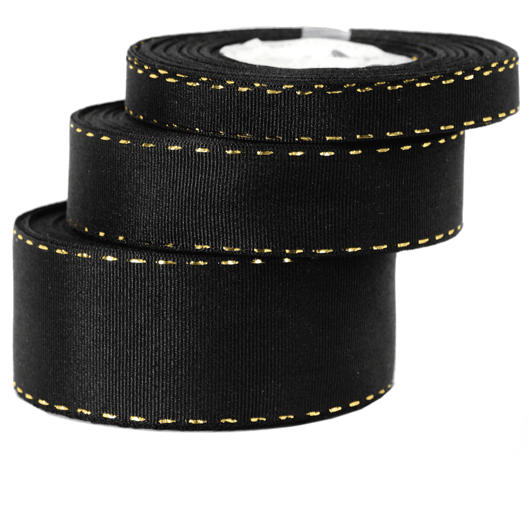 Wstążka rypsowa w złote prążki, 38mm/18mb, czarna