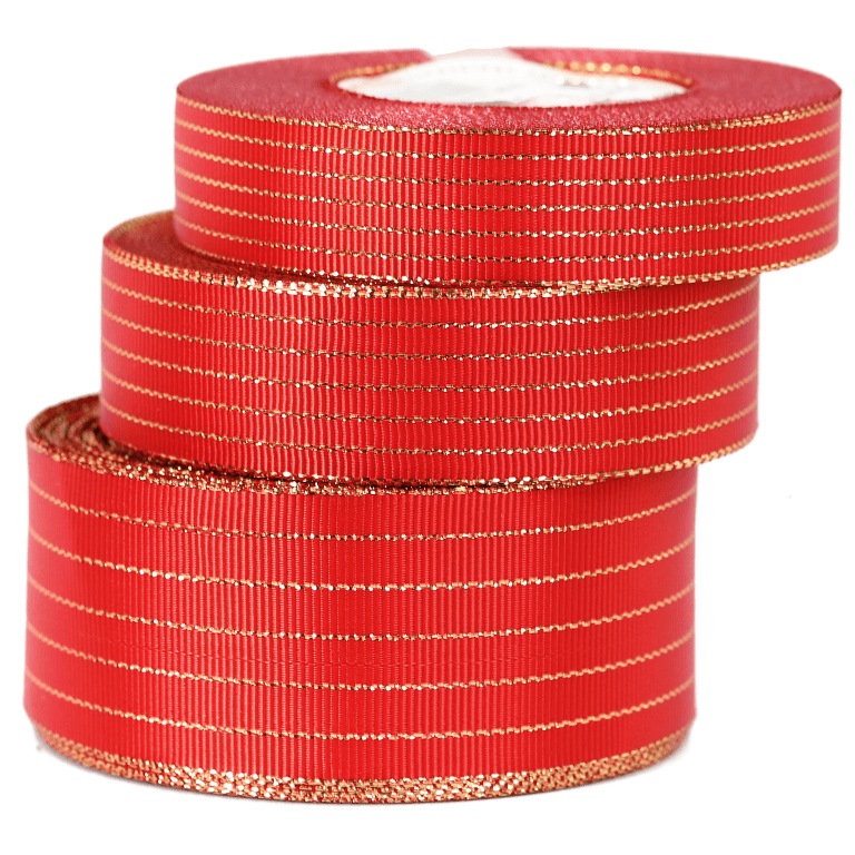Wstążka rypsowa w złote linie, 38mm/18mb, czerwona