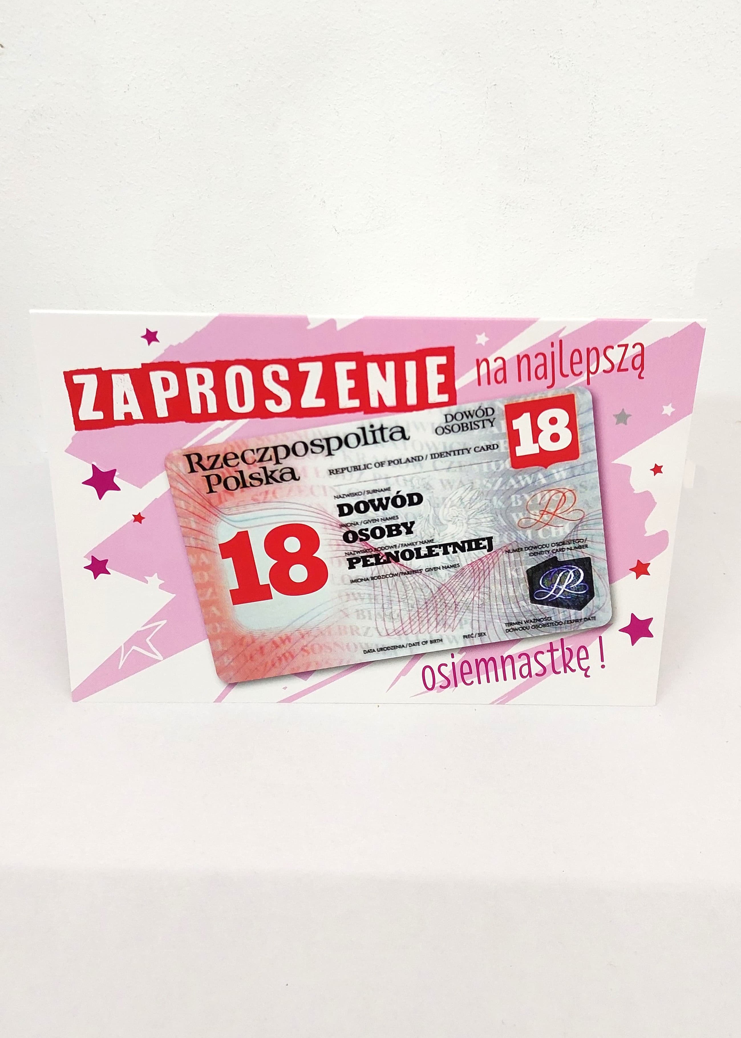 Zaproszenie różowy DOWÓD 18 URODZINY, 1 szt.
