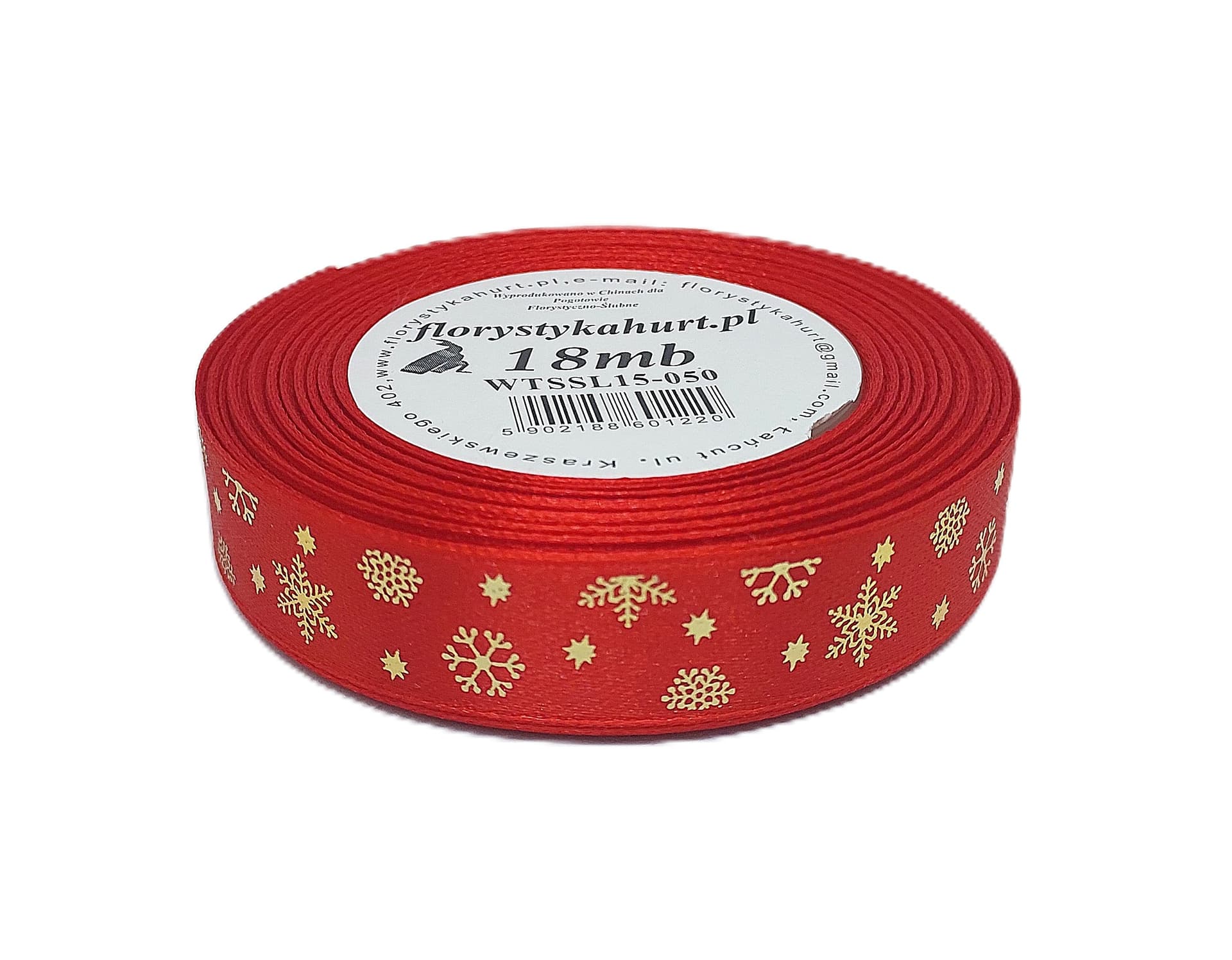 Wstążka metal ŚNIEŻYNKI, 15mm/18mb, czerwona/złoto