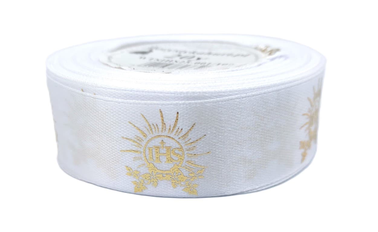 Wstążka satynowa IHS laser, 25mm/18mb biała/złoto