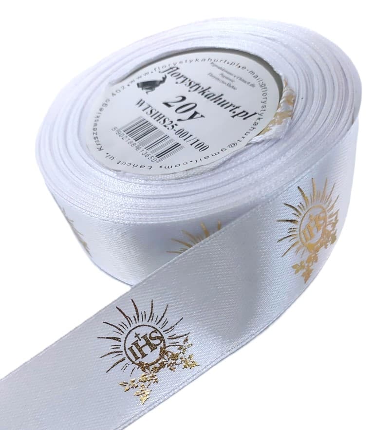 Wstążka satynowa IHS laser, 25mm/18mb biała/złoto