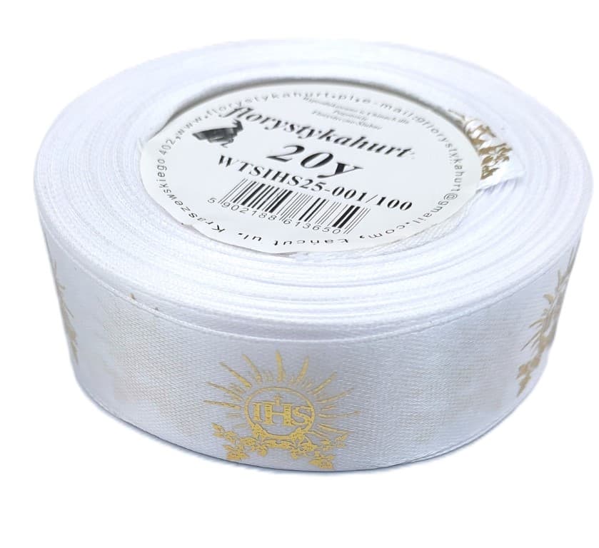Wstążka satynowa IHS laser, 25mm/18mb biała/złoto