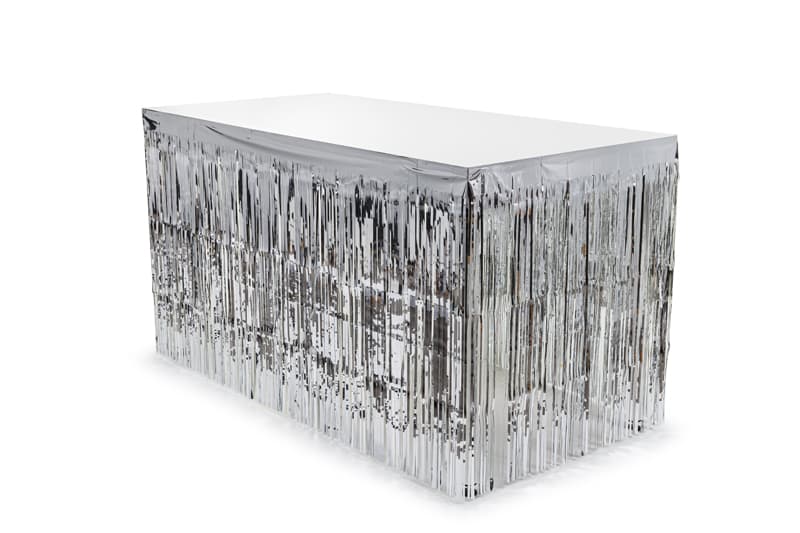 Skirting foliowy z frędzlami, srebrny, 300x80cm