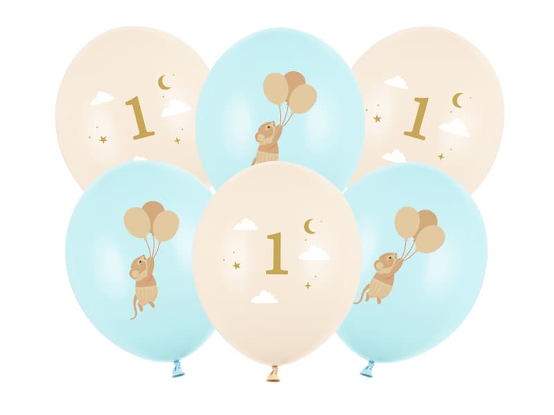 Balony 30 cm, Myszki z cyferką 1, Light Blue