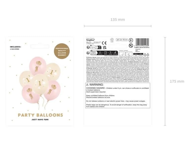 Balony 30 cm, Myszki z cyferką 1, Pale Pink