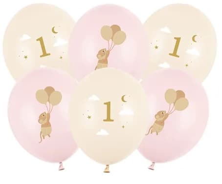 Balony 30 cm, Myszki z cyferką 1, Pale Pink