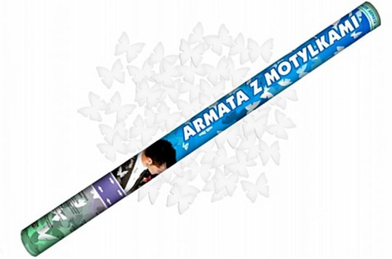 Wystrzałowe konfetti białe motylki, tuba 80cm