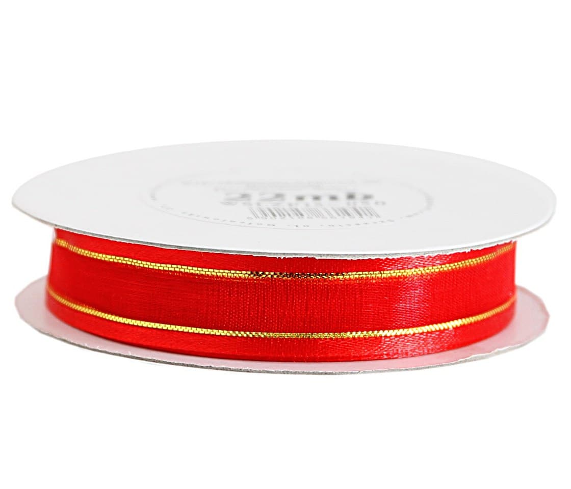 Wstążka szyfon z lamówką GOLD 15mm/22mb czerwona