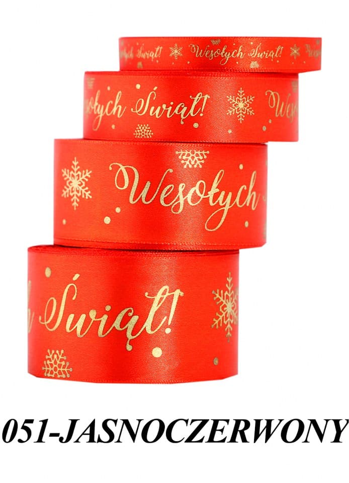 Wstążka Wesołych Świąt metal 38mm/22mb, j.czerwona