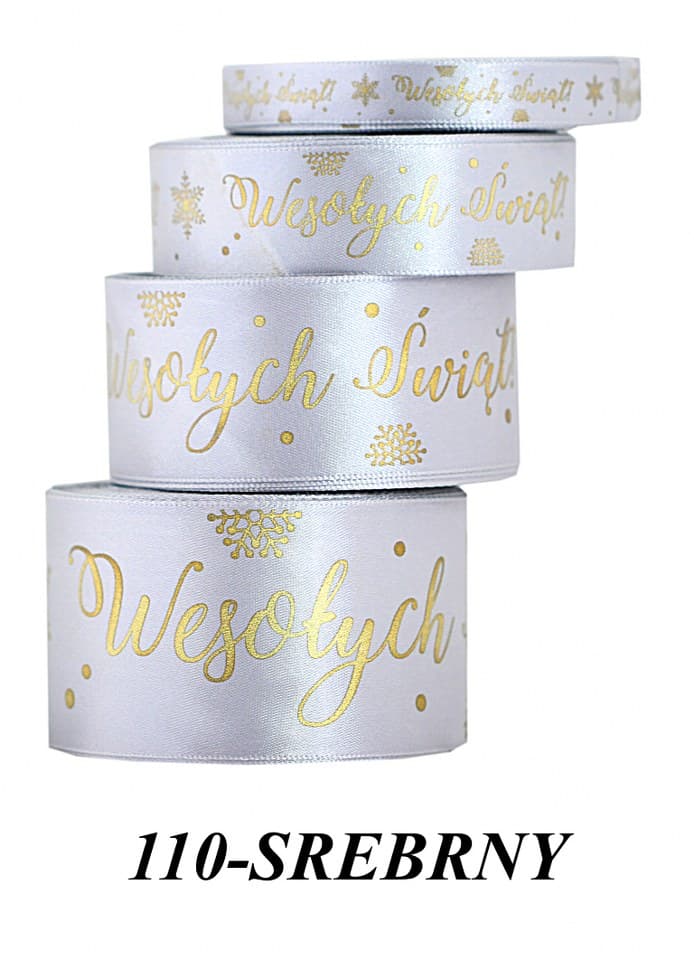Wstążka Wesołych Świąt metal 38mm/22mb, srebrna