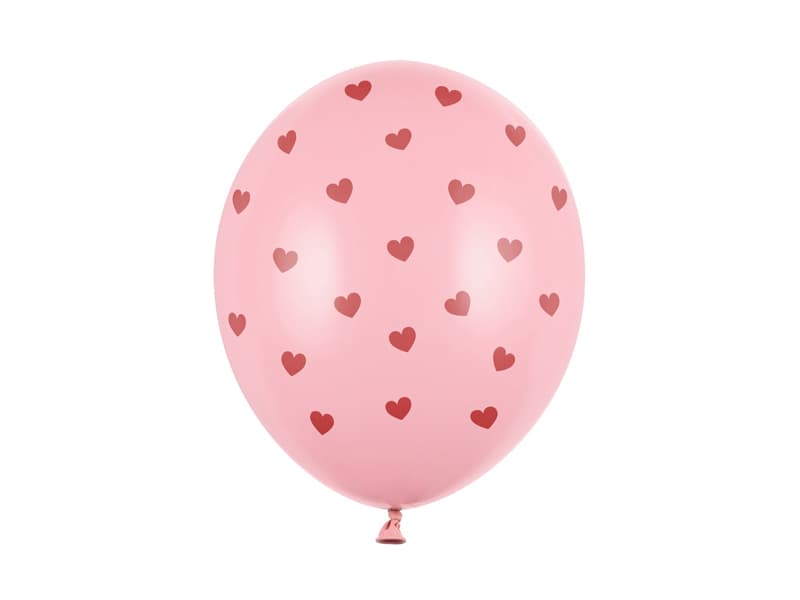 Balony 30 cm, Różowe w czerwone serca, pastel pink
